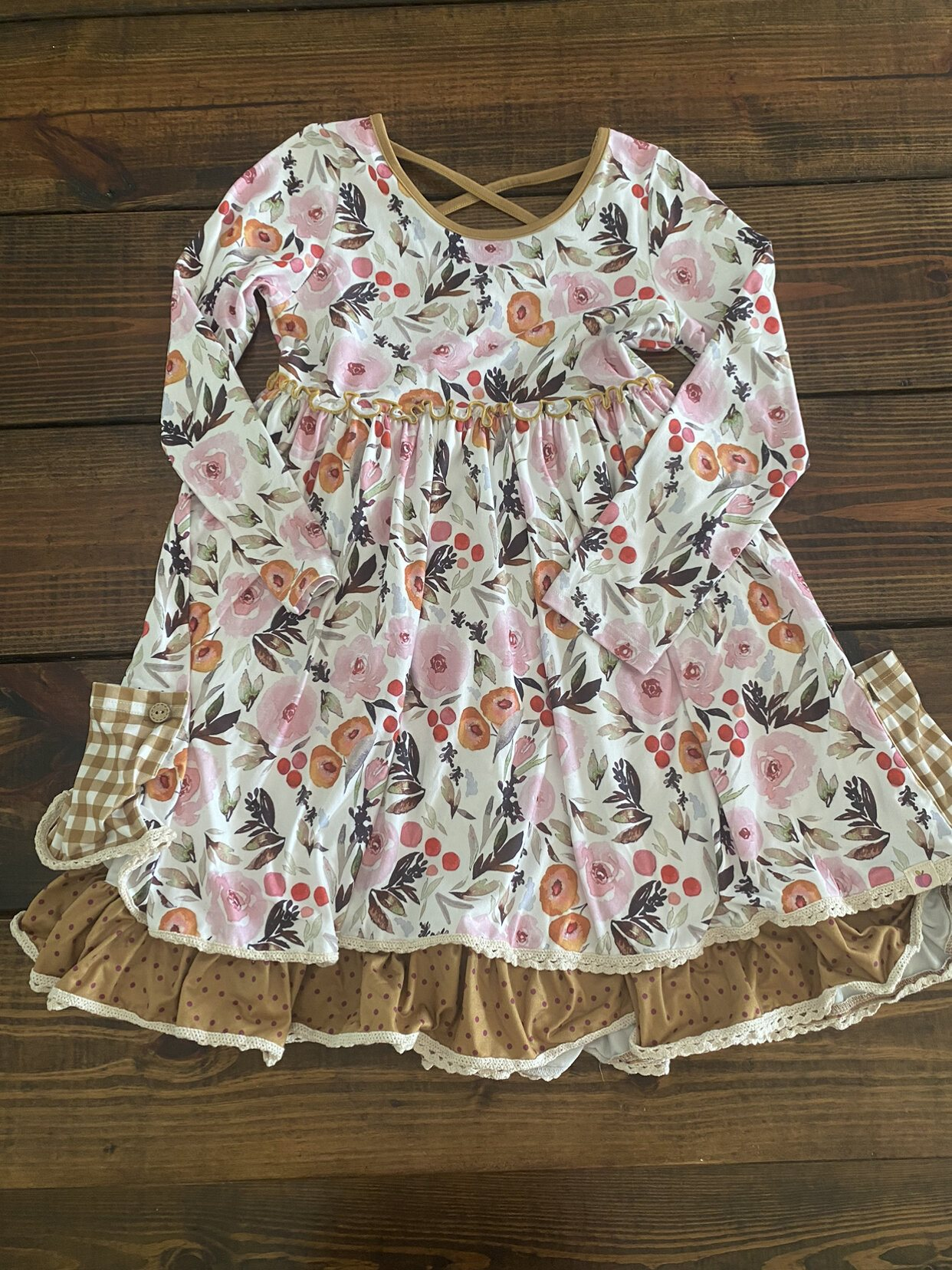 GLD0530 Pink flower leaves polka dot plaid pocket lace long-sleeved dress