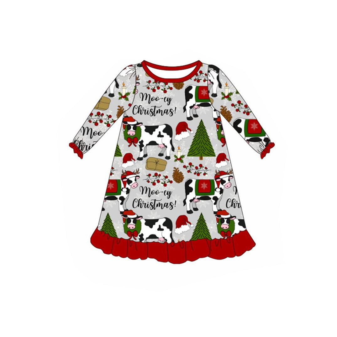 GLD0539 Christmas tree cow red lace gray long sleeve dress