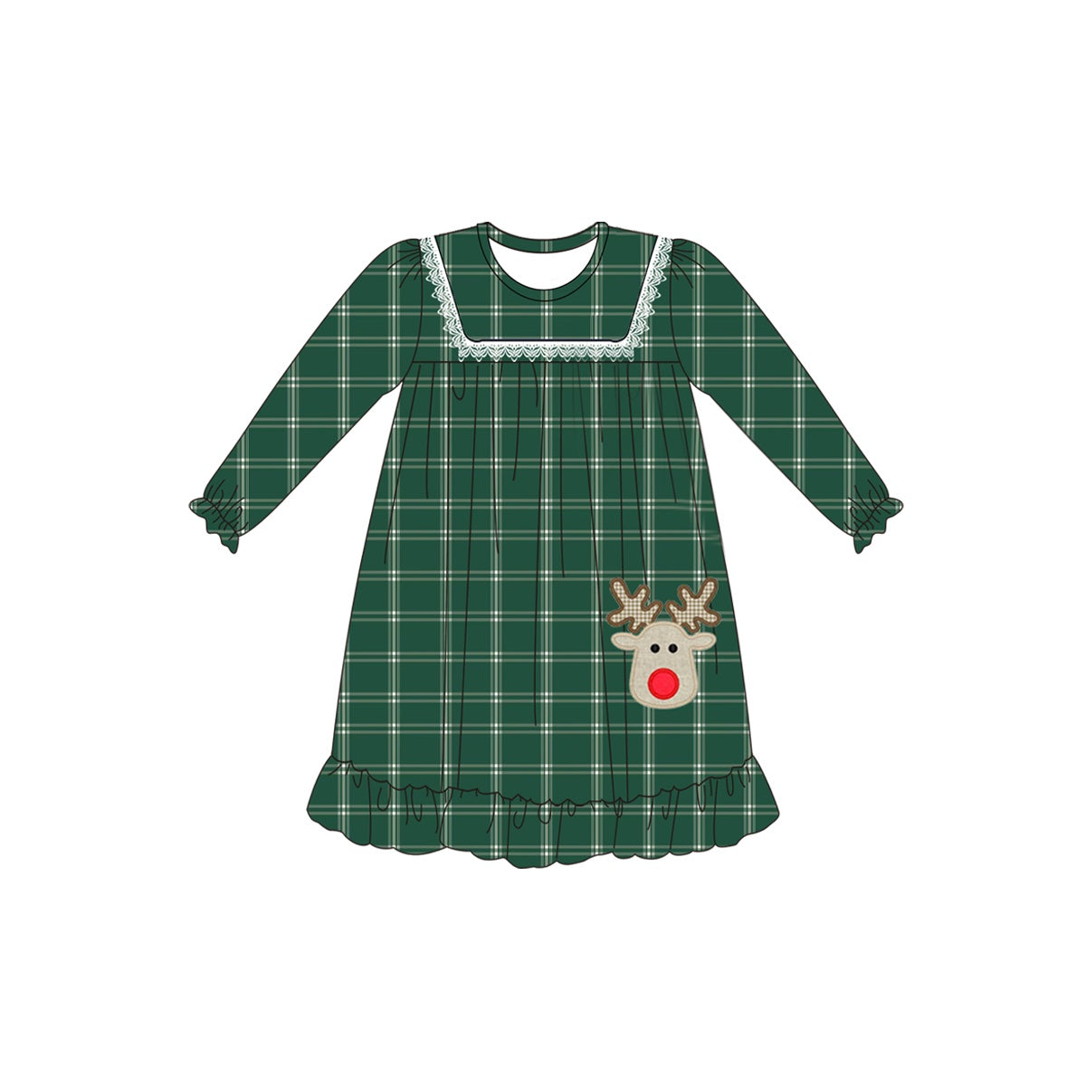 GLD0561 Christmas Reindeer Green Plaid Long Sleeve Dress D 927