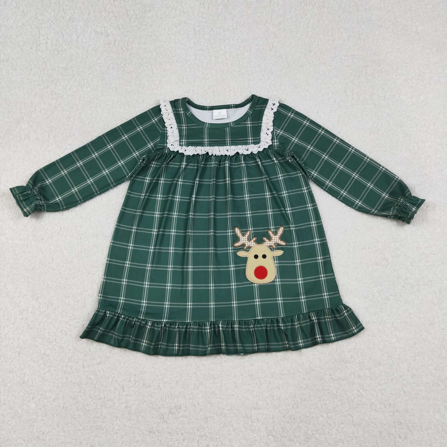 Embroidery Deer Mama and Me Green Checked Christmas Sleep Wear Pajamas Ruffle Dresses D 927