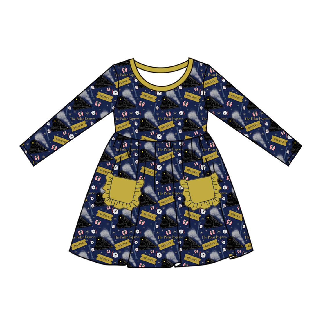 presale GLD0567 Train Green Pocket Navy Blue Long Sleeve Dress