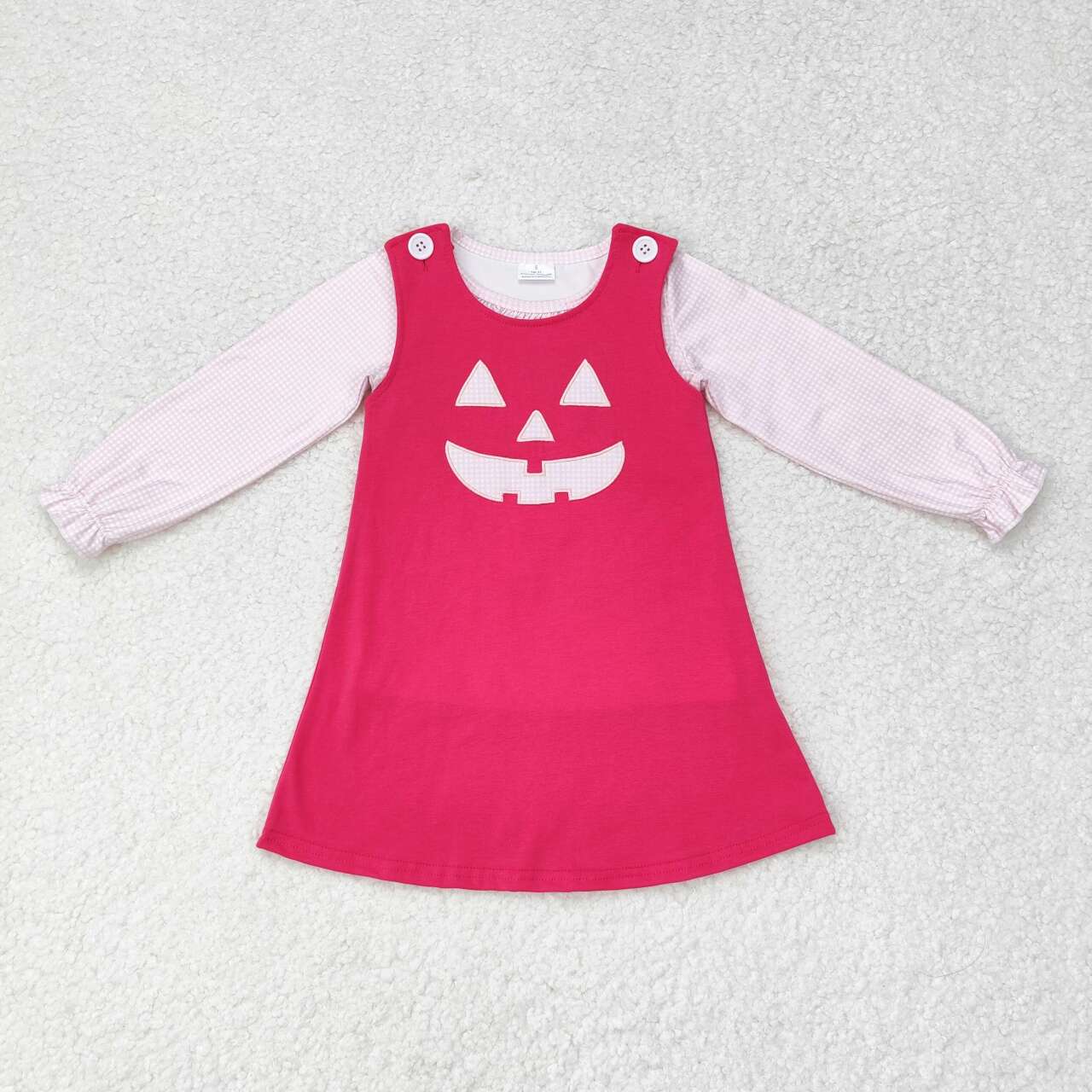 GLD0576 Halloween Pink Plaid Lace Long Sleeve Smiley Face Rose Red Sleeveless Dress Set