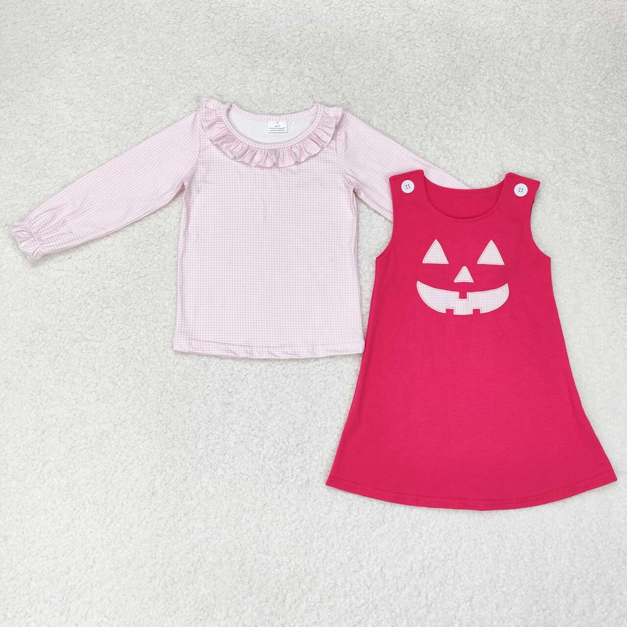 GLD0576 Halloween Pink Plaid Lace Long Sleeve Smiley Face Rose Red Sleeveless Dress Set