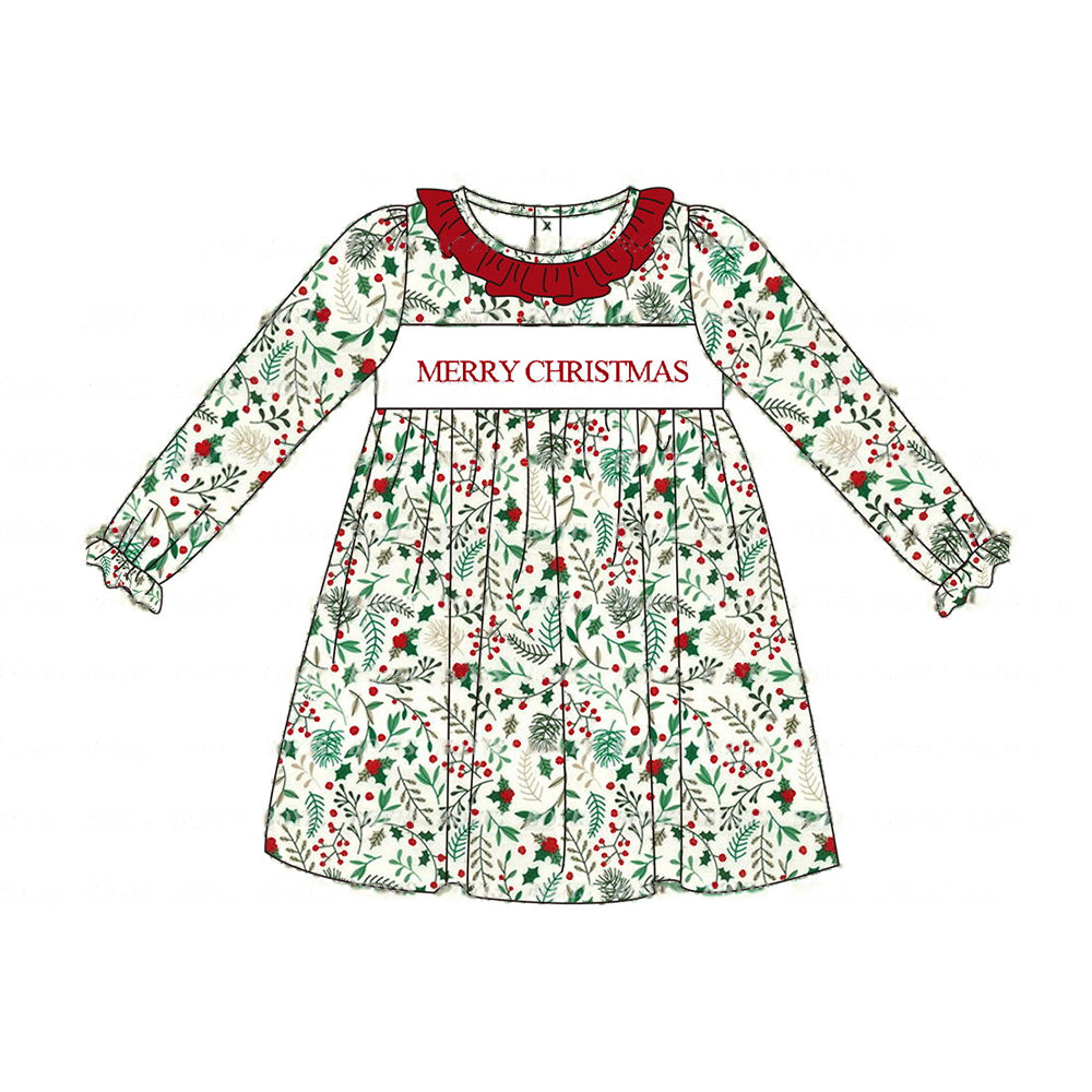 GLD0579 Christmas leaf red lace long sleeve dress