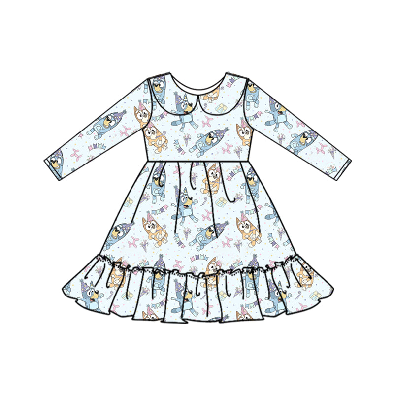 presale GLD0580 Cartoon Birthday blue baby doll collar long sleeve dress