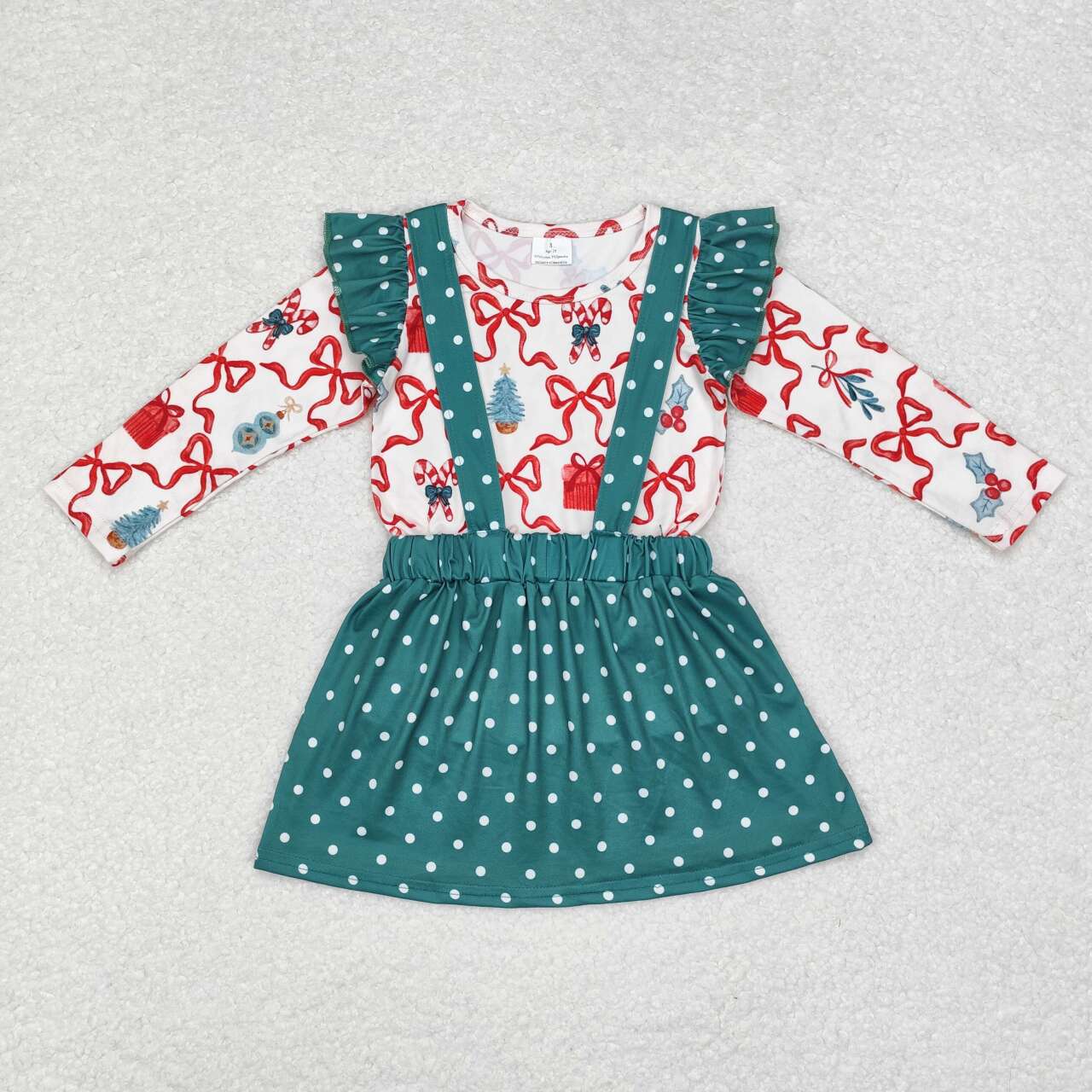 GLD0617 Christmas Bow Cane Pattern Polka Dot Green Lace Long Sleeve Suspender Dress Set