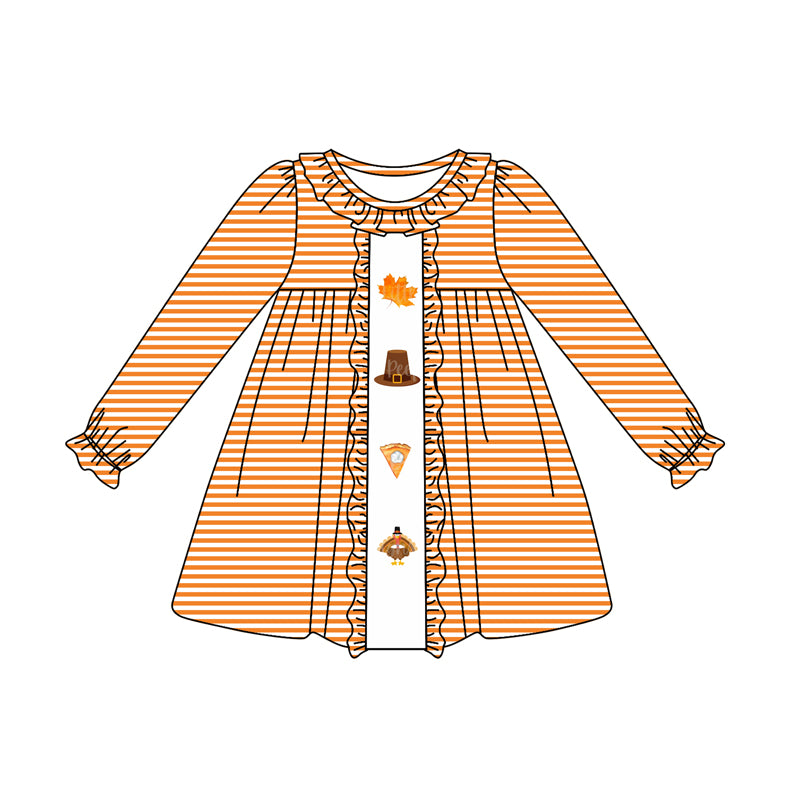 presale GLD0627 Leaf Hat Cake Turkey Orange Striped Lace Long Sleeve Dress