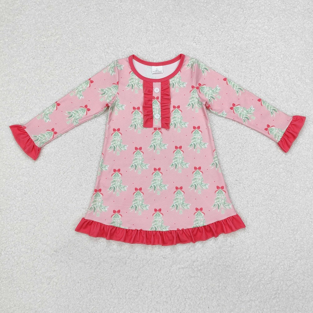 GLD0636 Pink long-sleeved dress with Christmas tree bow pattern and rose red lace