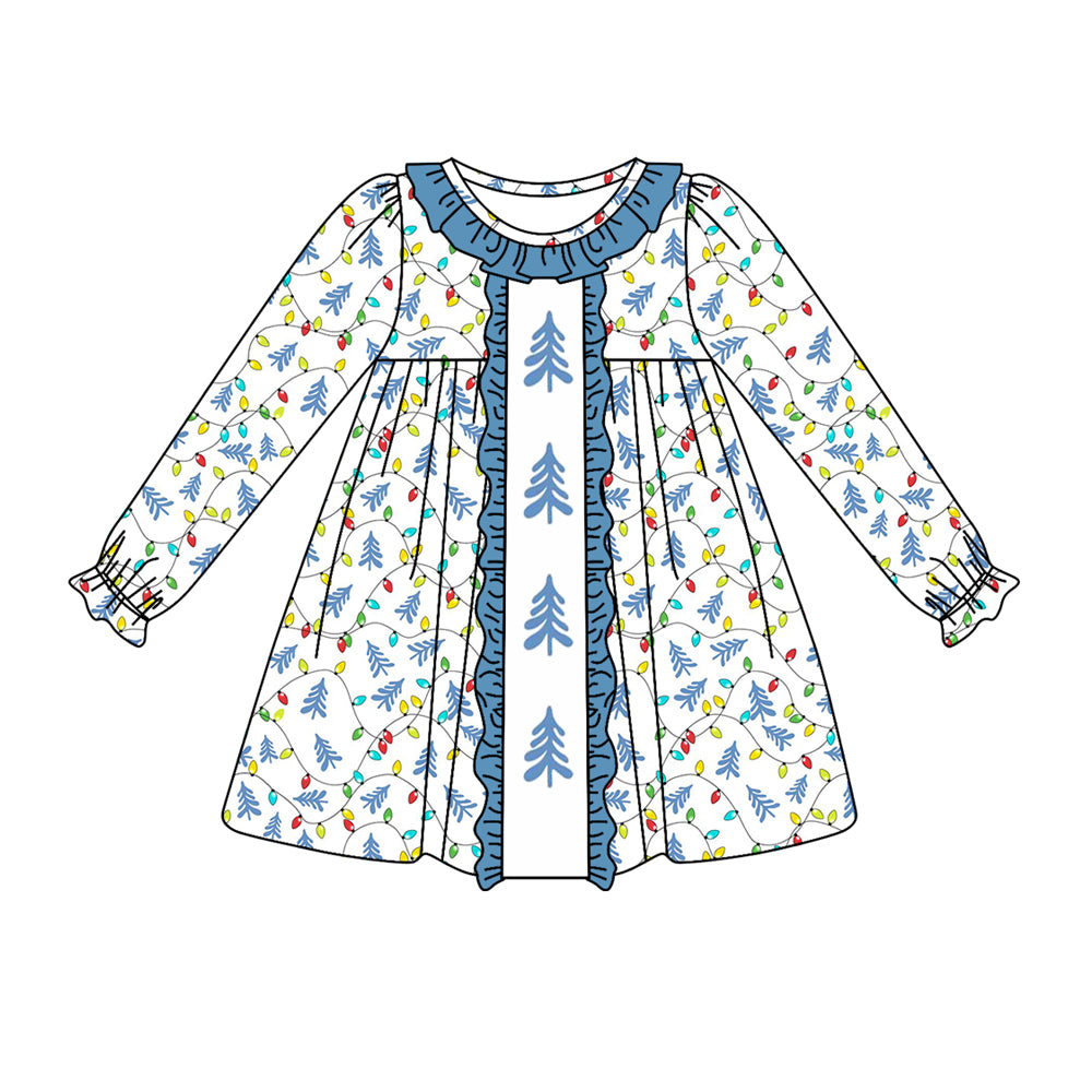 presale GLD0646 Christmas Tree Lights Blue Lace Long Sleeve Dress