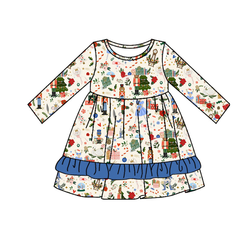 presale GLD0649 Christmas Tree Blue Lace Beige Long Sleeve Dress