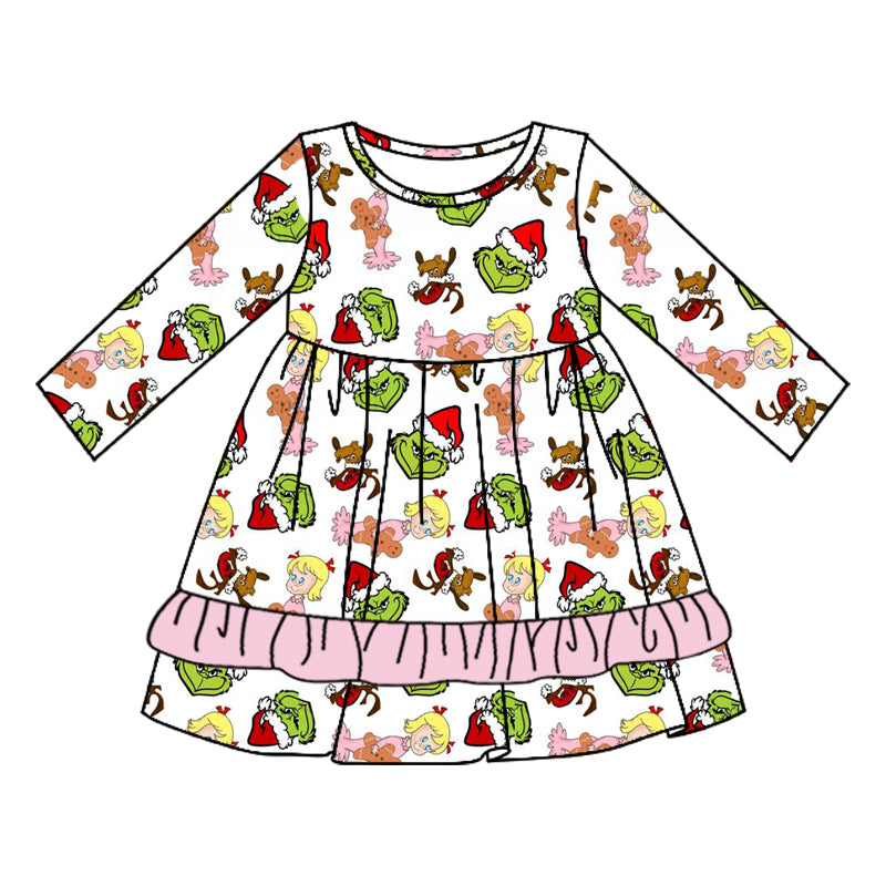 presale GLD0650 Girls Gingerbread Man Pink Lace White Long Sleeve Dress