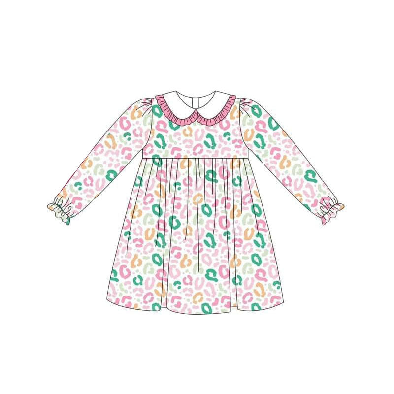 presale GLD0664 Colorful leopard print pink lace baby doll collar long sleeve dress