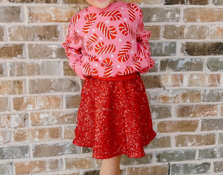 GLD0671 Baby Girls Pink Christmas Candy Cane Sweaters Sequin Skirt Clothes Sets