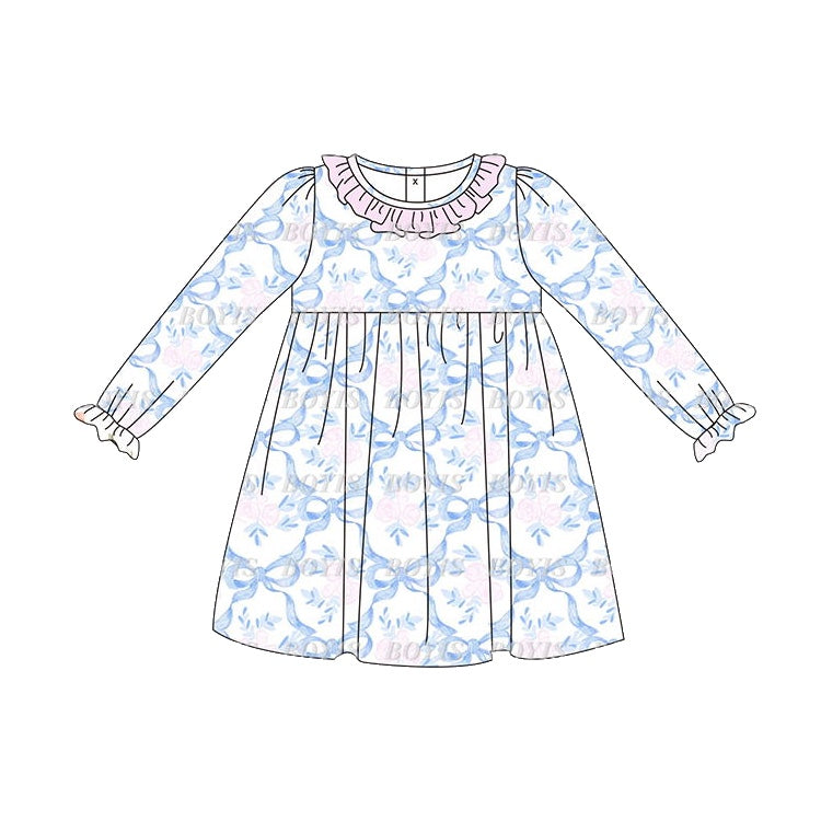 GLD0693 White long-sleeved dress with pink lace and flower bow pattern