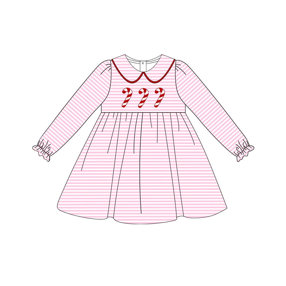 presale GLD0699 Christmas Cane Doll Collar Pink Striped Long Sleeve Dress 2024 7.12