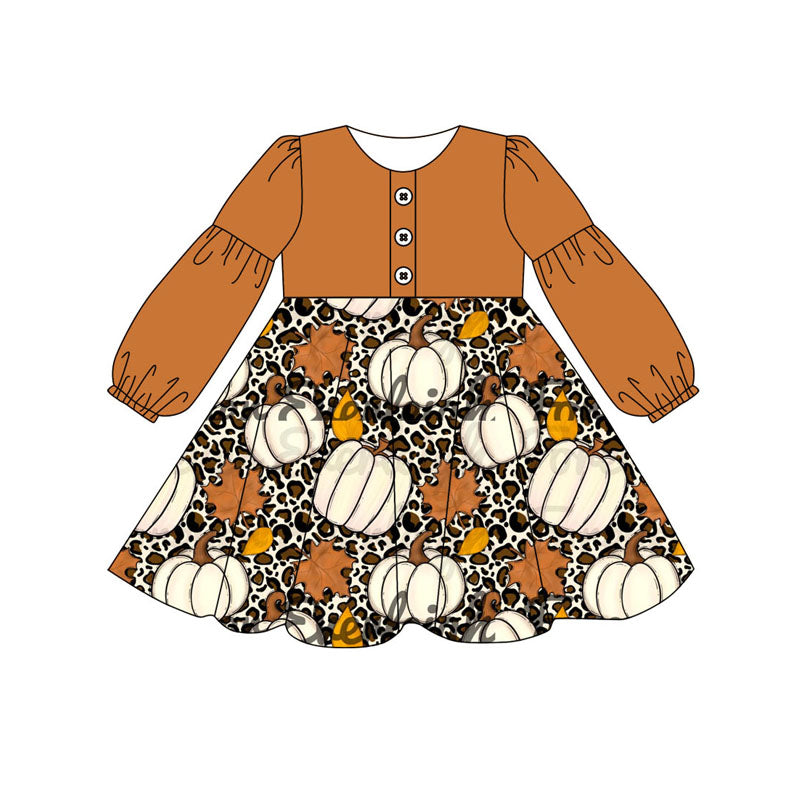 presale GLD0730 Pumpkin Leaf Leopard Print Brown Long Sleeve Dress 2024 7.19
