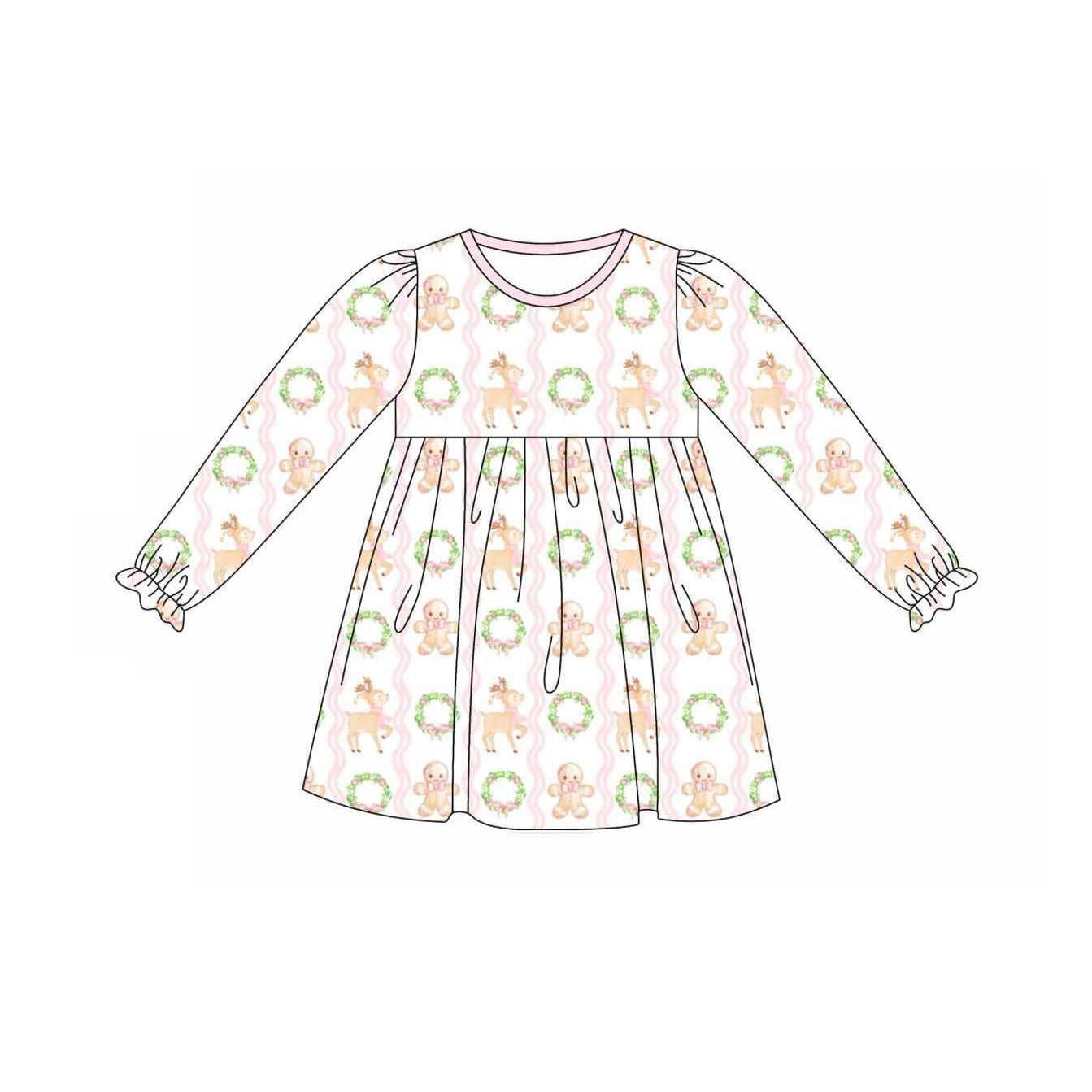 presale GLD0739 Gingerbread Man Deer Garland Pink and White Long Sleeve Dress 2024 7.20