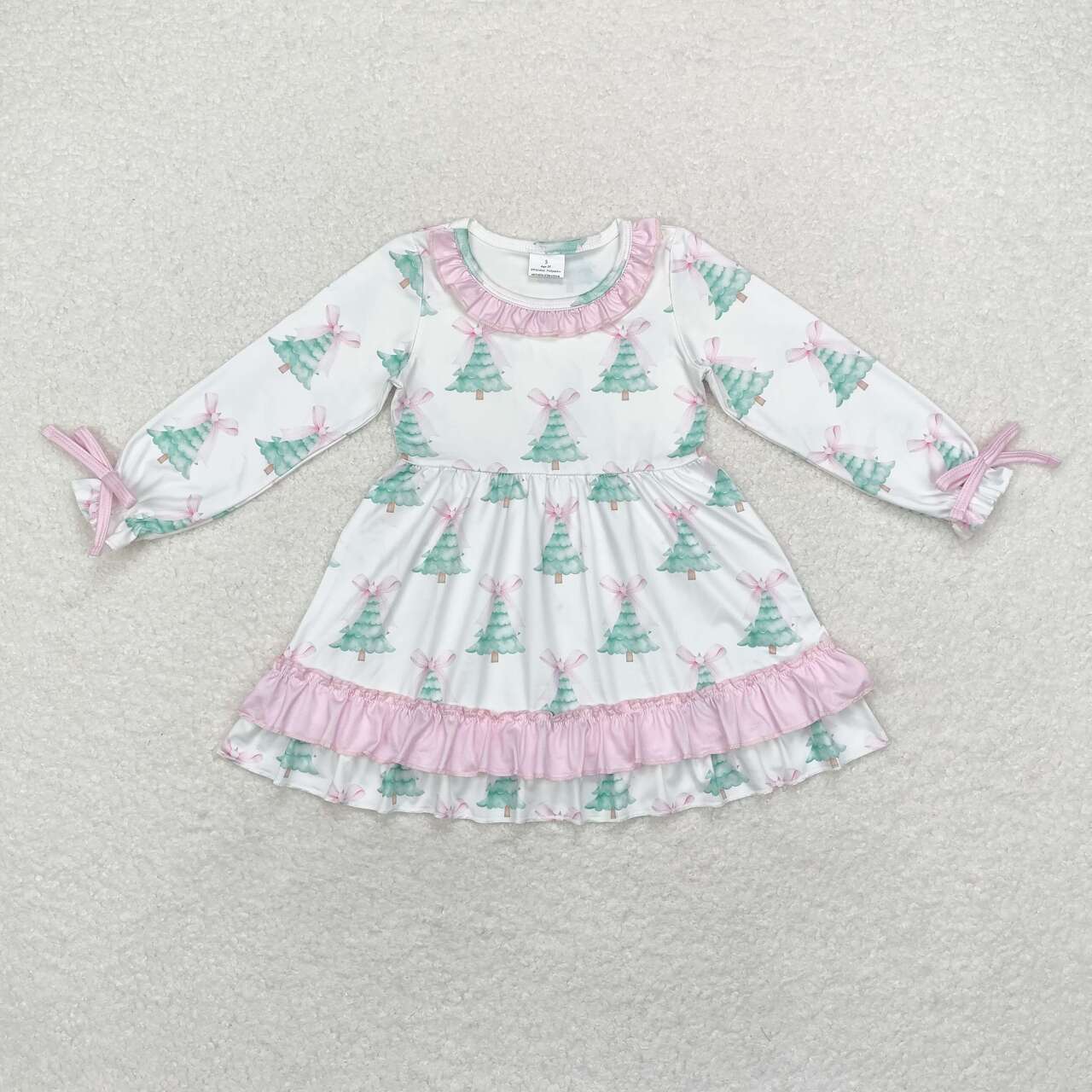 GLD0740 White long-sleeved dress with pink lace and Christmas tree bow pattern