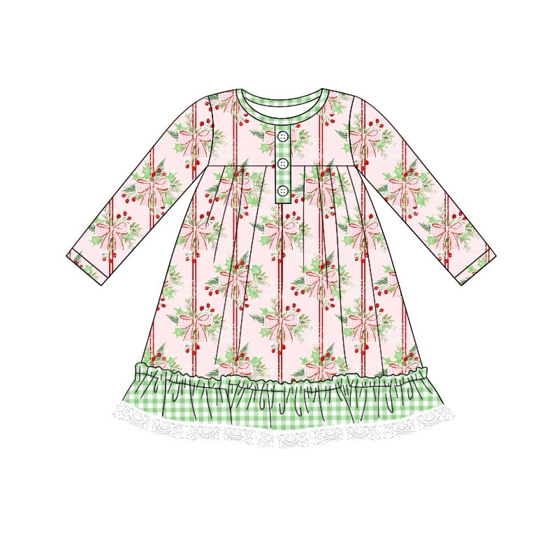 presale GLD0754 Christmas bow pattern green plaid lace pink long-sleeved dress 2024 7.23