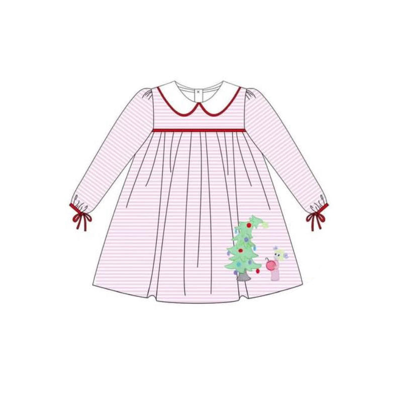 presale GLD0762 Christmas tree pink and white striped collar long sleeve dress 2024 7.25