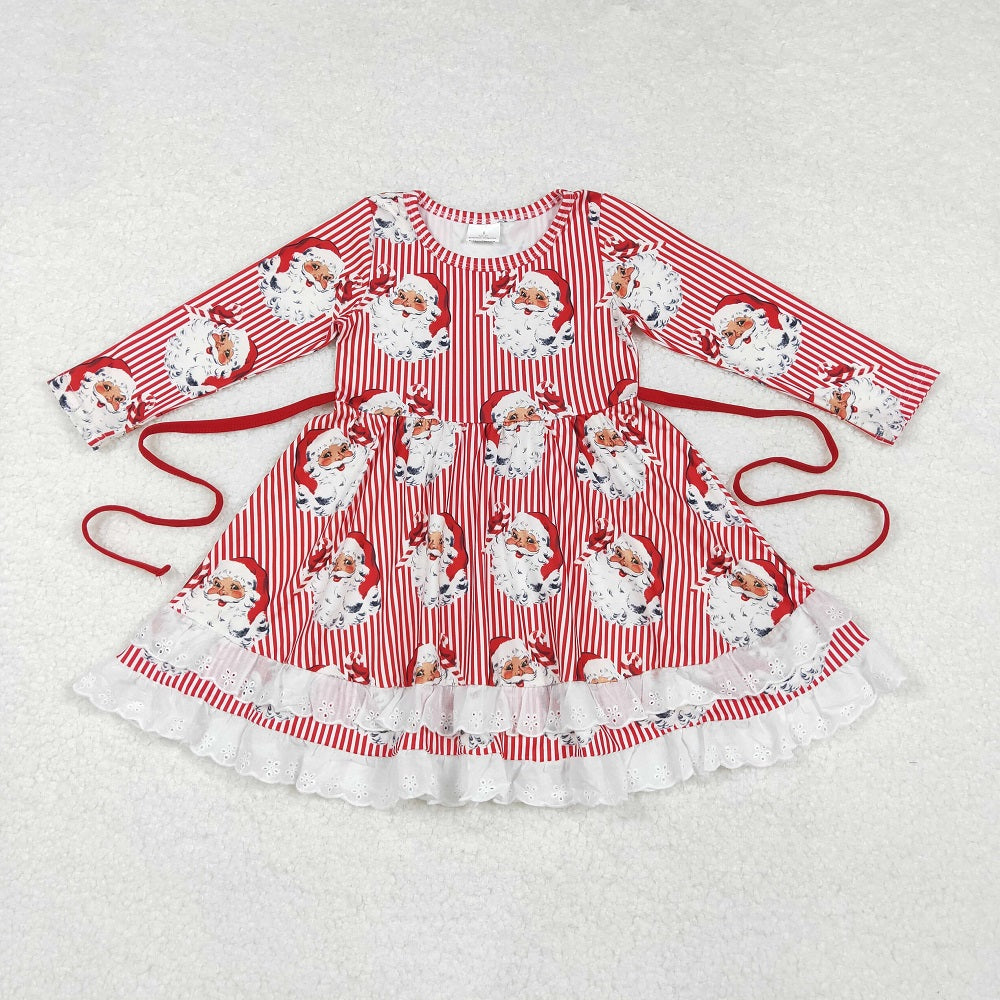 GLD0786 Santa Claus Red Striped Lace Long Sleeve Dress