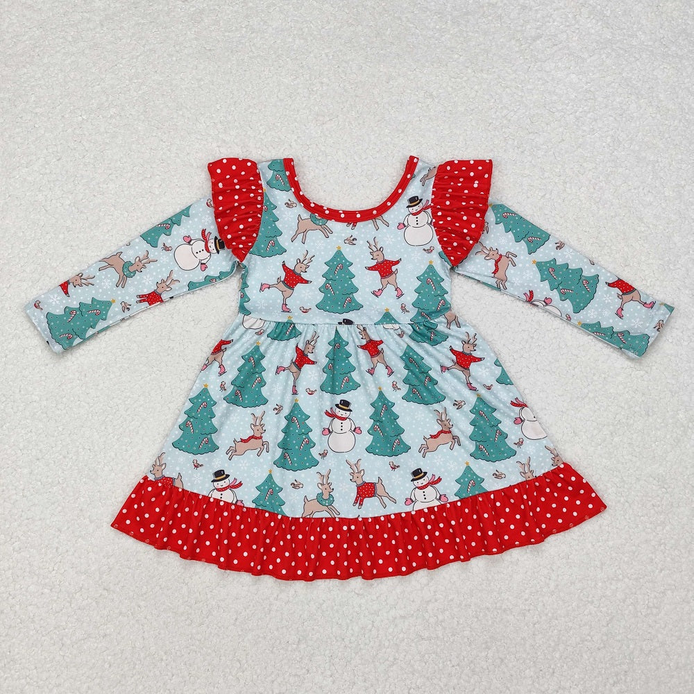 GLD0794 Christmas Tree Snowman Reindeer Snowflake Polka Dot Red Lace Long Sleeve Dress