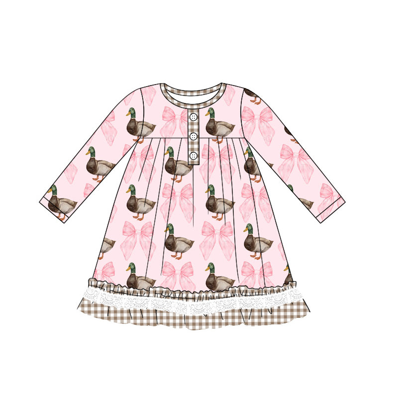 presale GLD0805 Pink long-sleeved dress with duck bow pattern and brown plaid lace 2024 8.7