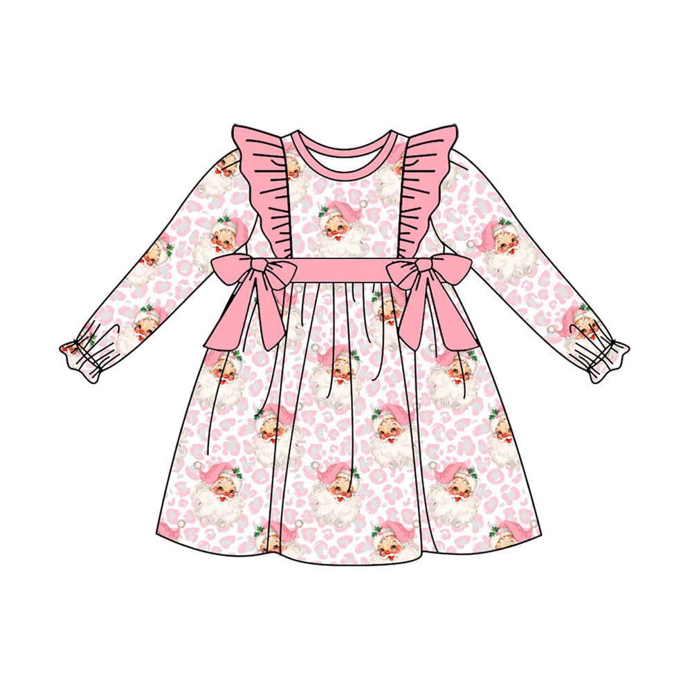 presale GLD0822 Santa Claus Leopard Print Pink Lace Bow White Long Sleeve Dress 2024 8.13