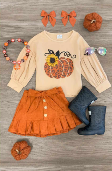 presale GLD0833 Sunflower Leopard Print Pumpkin Long Sleeve Orange Miniskirt Set