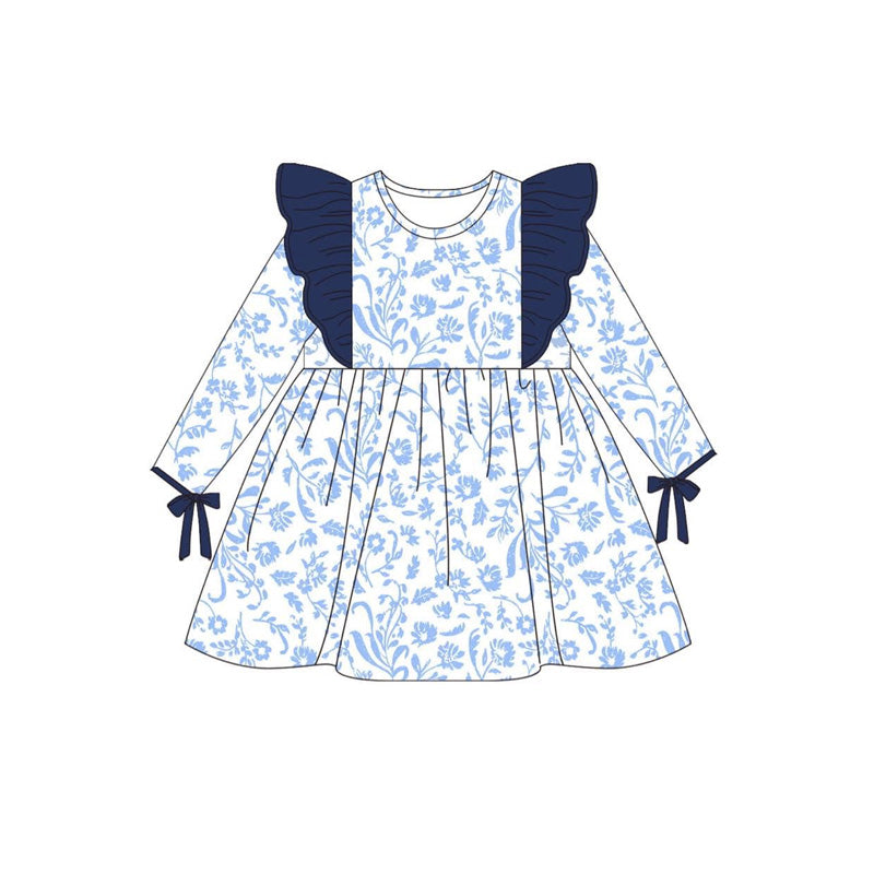 GLD0836 White long-sleeved dress with navy blue lace and flowers and leaves