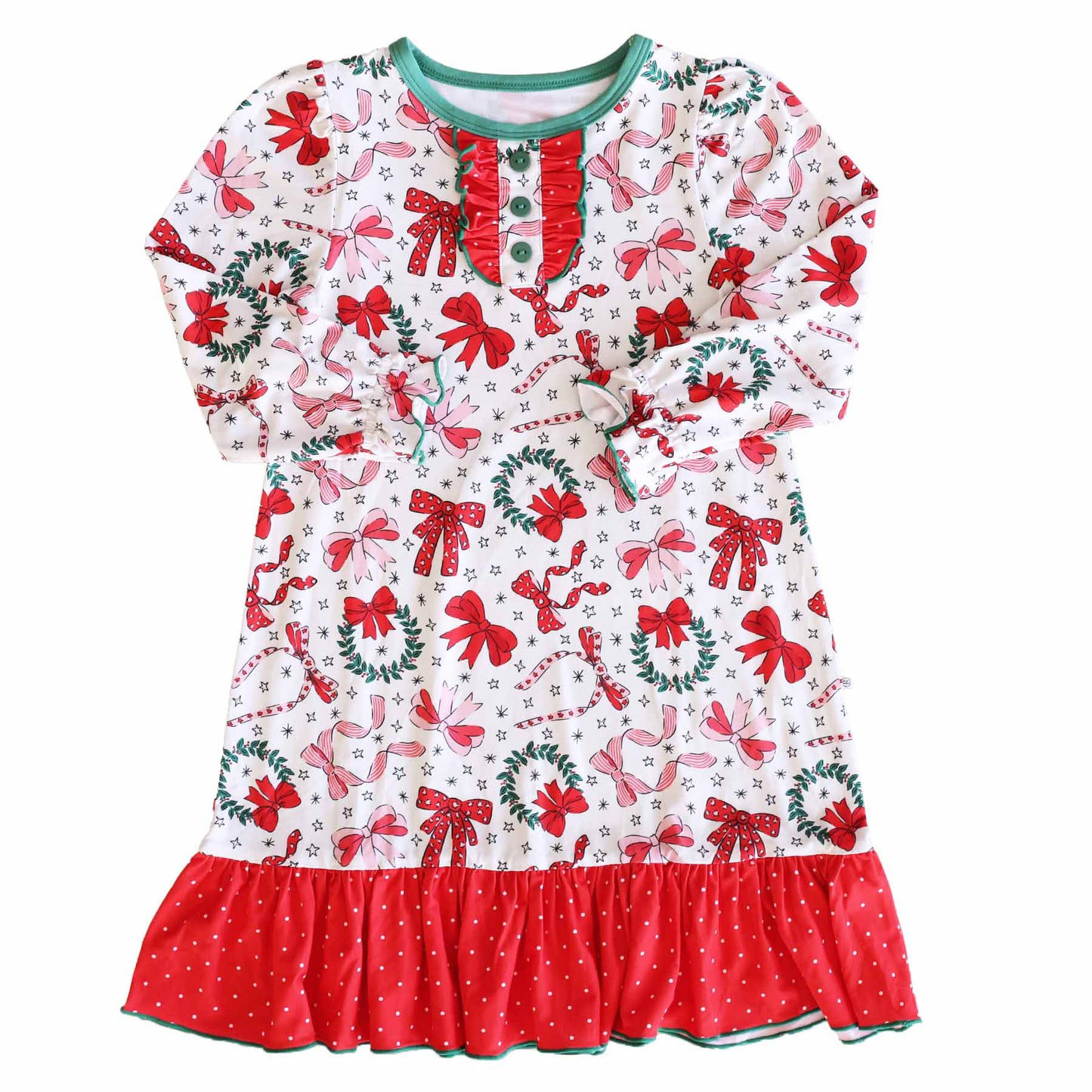 GLD0855 Christmas Star Wreath Bow Pattern Polka Dot Red Lace Long Sleeve Dress