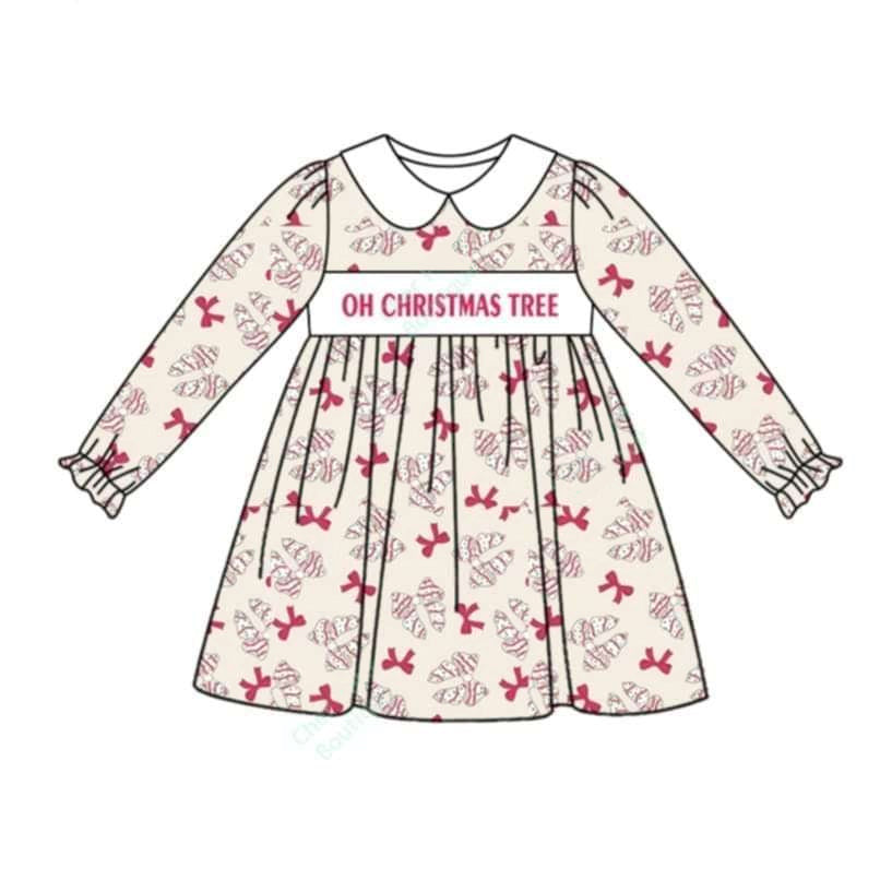 presale GLD0875 beige long-sleeved dress with christmas tree bow pattern and baby collar 2024 9.4