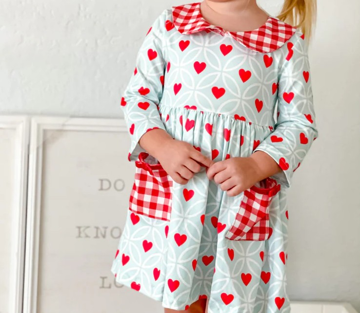 presale GLD0880 Heart Pattern Red and White Plaid Doll Collar Long Sleeve Dress 2024 9.5