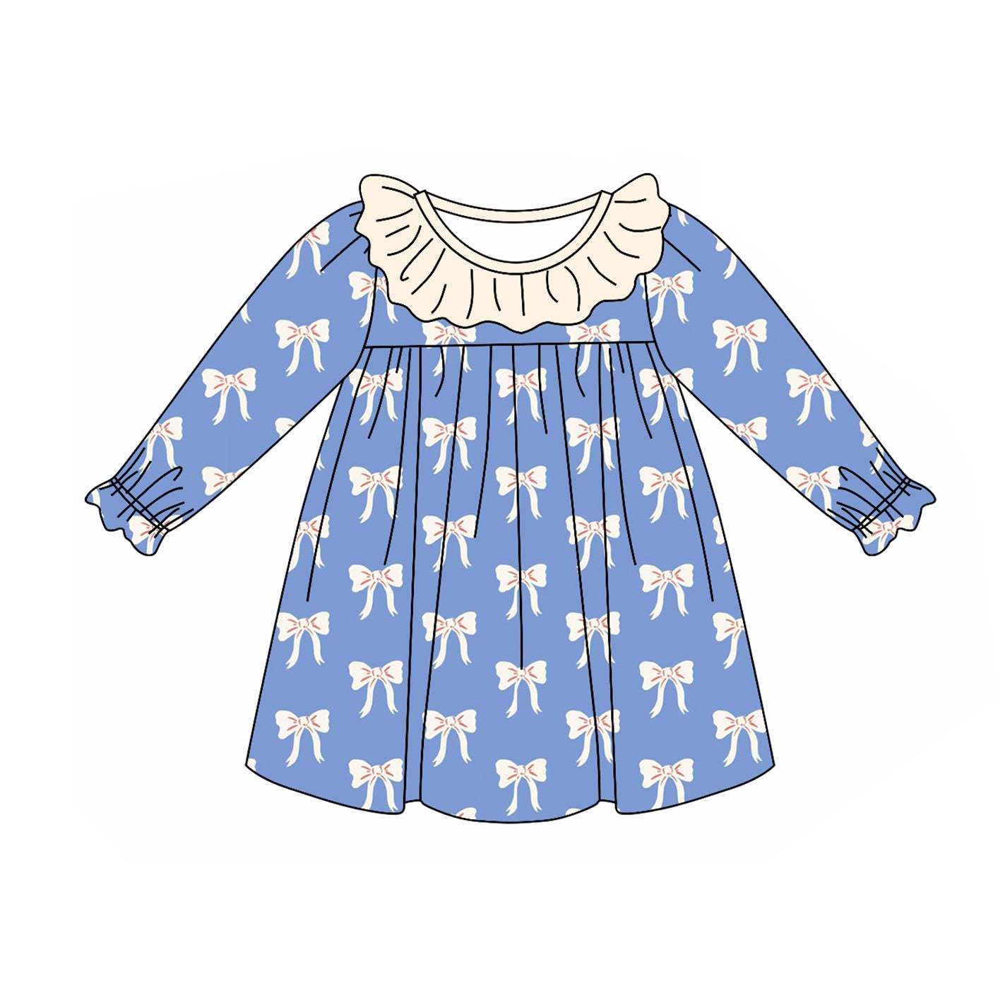 GLD0897 Beige lace blue long-sleeved dress with bow pattern