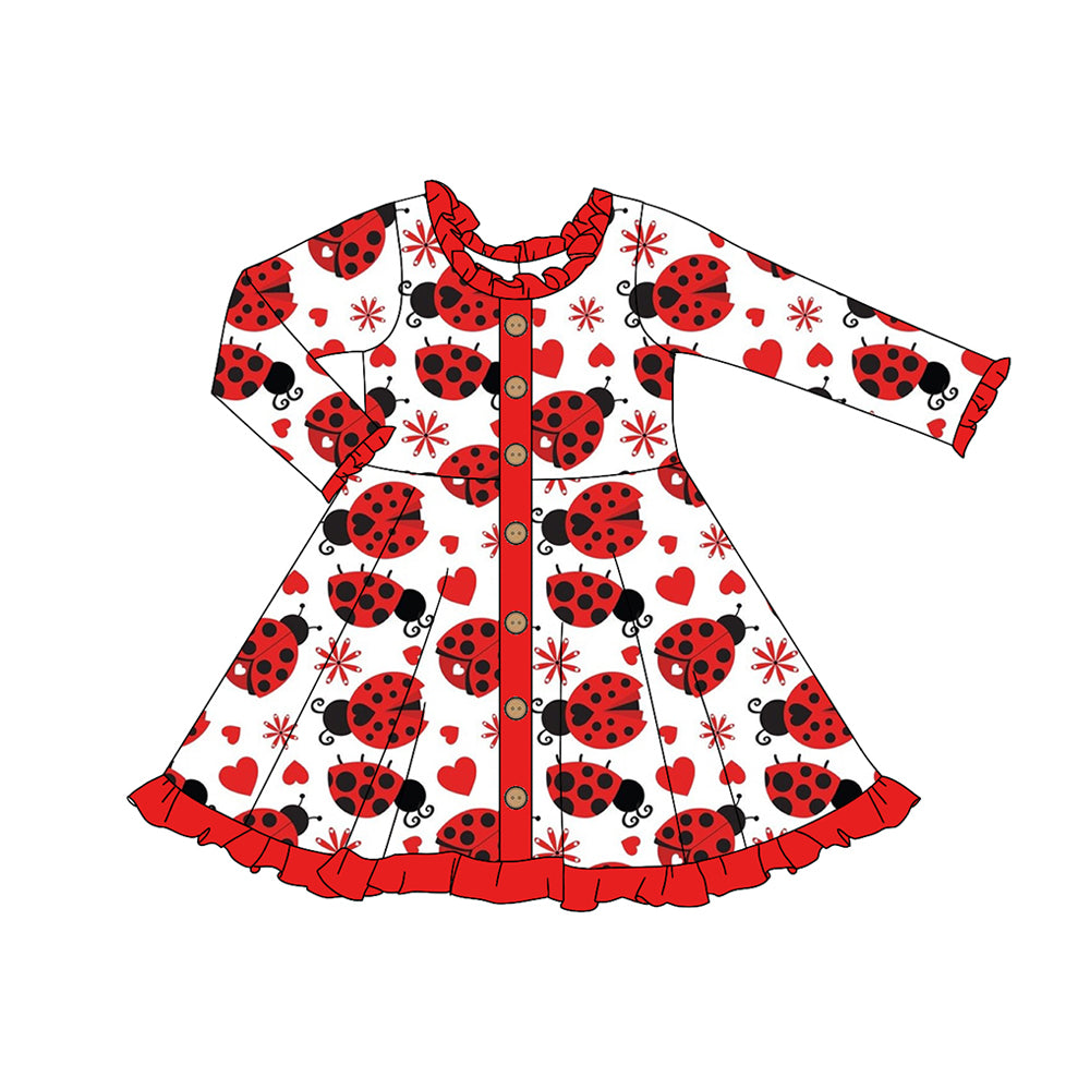 presale GLD0919 Love Heart Ladybug Red Lace Button White Long Sleeve Dress 2024 9.14