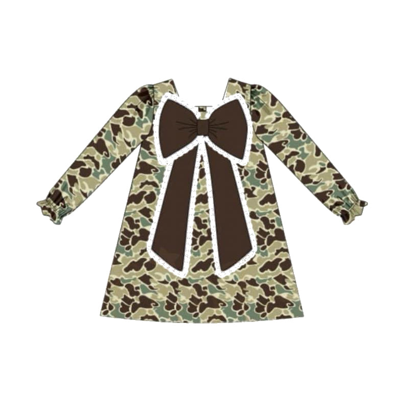 presale GLD0938 Brown and Green Camouflage Bow Long Sleeve Dress 2024 9.21