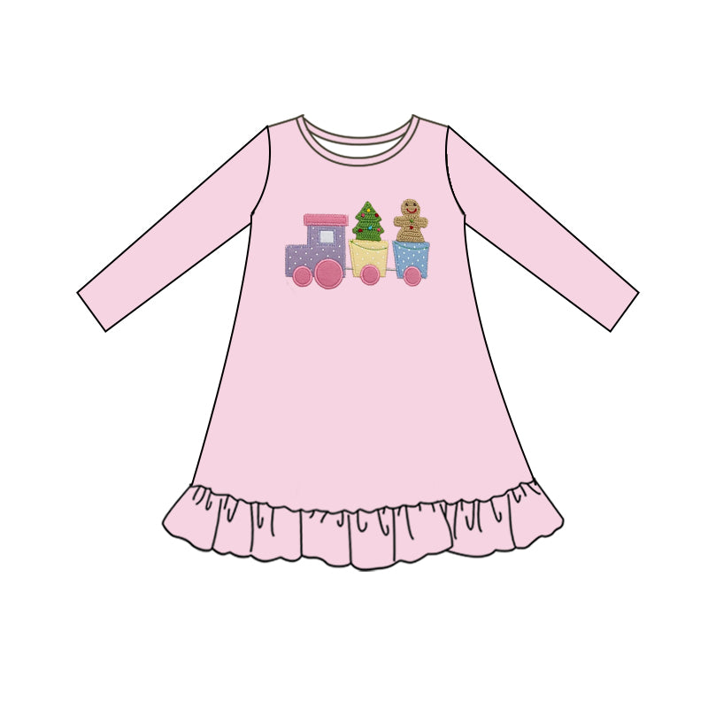presale GLD0942 Christmas Tree Gingerbread Man Truck Pink Long Sleeve Dress 2024 9.23