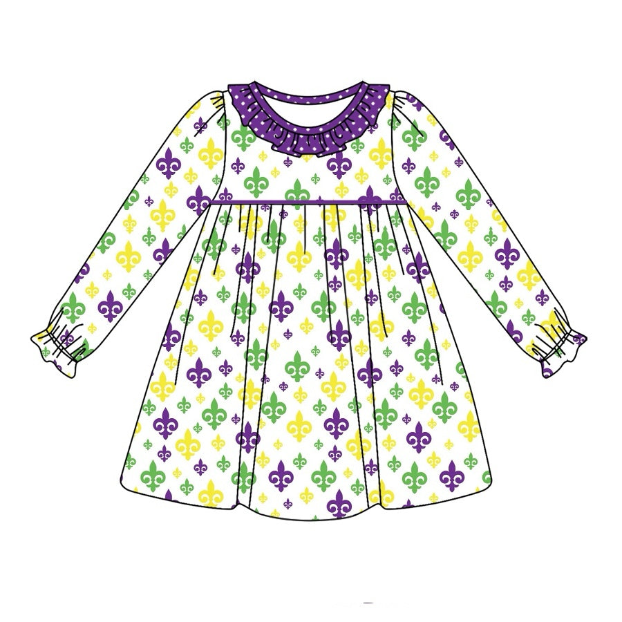 presale GLD0950 White long-sleeved dress with Mardi Gras pattern polka dots and purple lace 2024 9.25