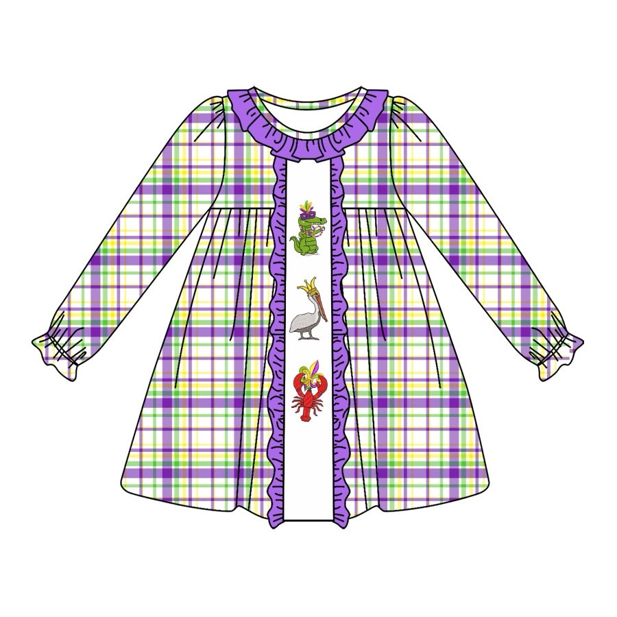 presale GLD0953 Mardi Gras Alligator Bird Lobster Purple Lace Plaid Long Sleeve Dress 2024 9.25