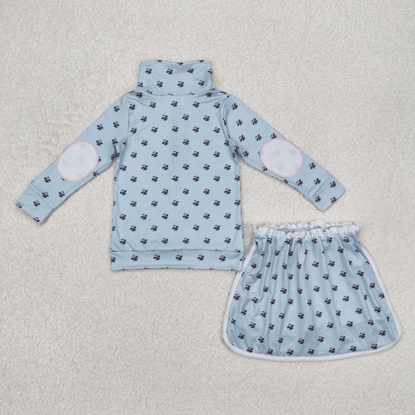 GLD0972 Flower and Leaf Light Blue Zipper Long Sleeve Short Skirt Suit