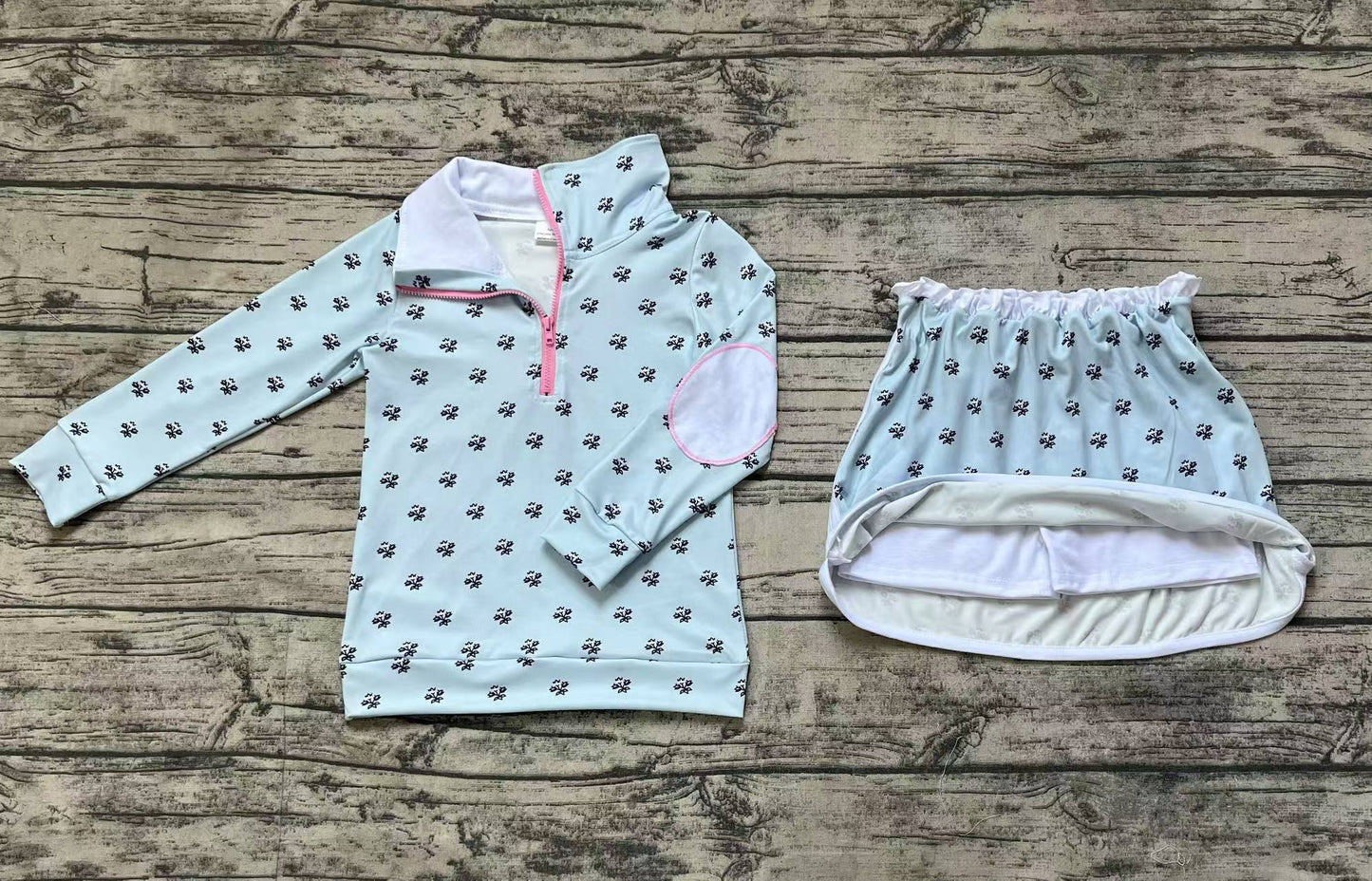 GLD0972 Flower and Leaf Light Blue Zipper Long Sleeve Short Skirt Suit