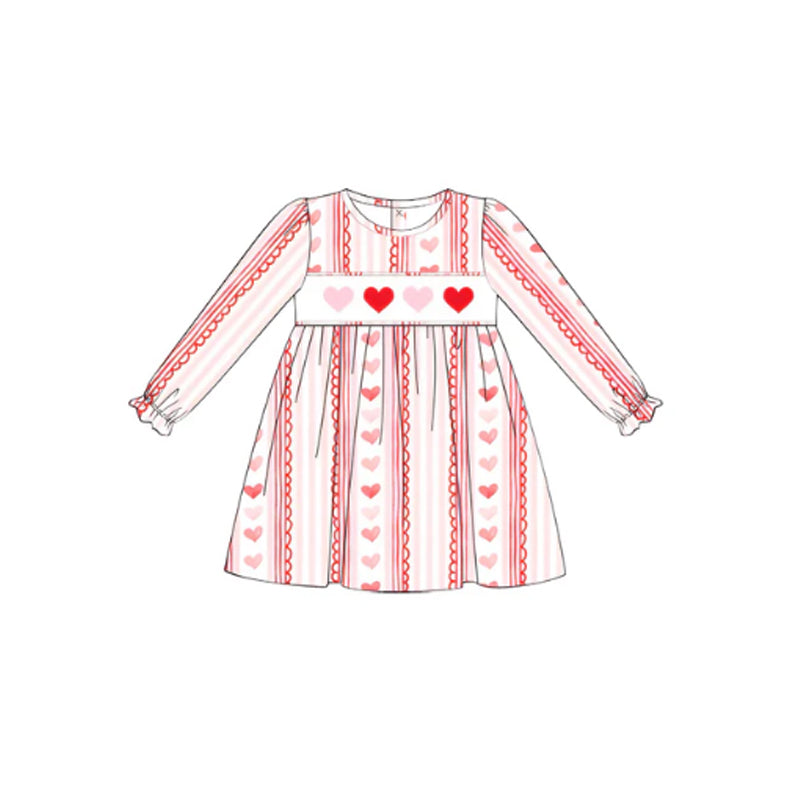 presale GLD0976 Valentine's Day Love Heart Lace Stripe Pattern Pink and White Long Sleeve Dress 2024 10.26