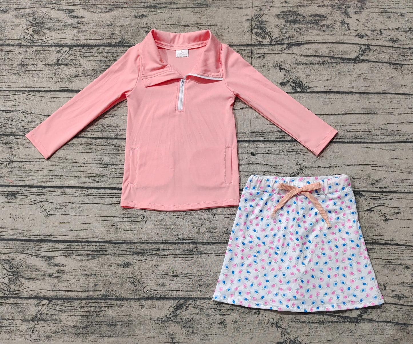 GLD0984 Solid Pink Zipper Long Sleeve Flower White Short Skirt Yoga Set