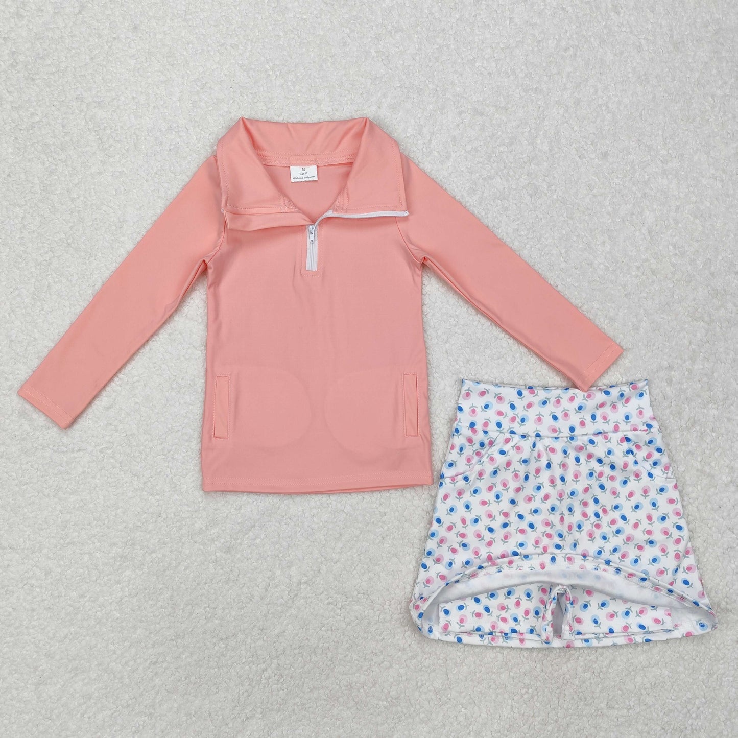 GLD0984 Solid Pink Zipper Long Sleeve Flower White Short Skirt Yoga Set