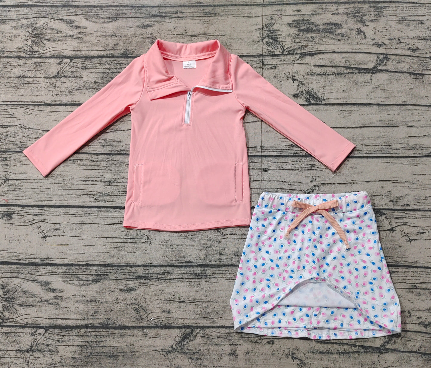 GLD0984 Solid Pink Zipper Long Sleeve Flower White Short Skirt Yoga Set
