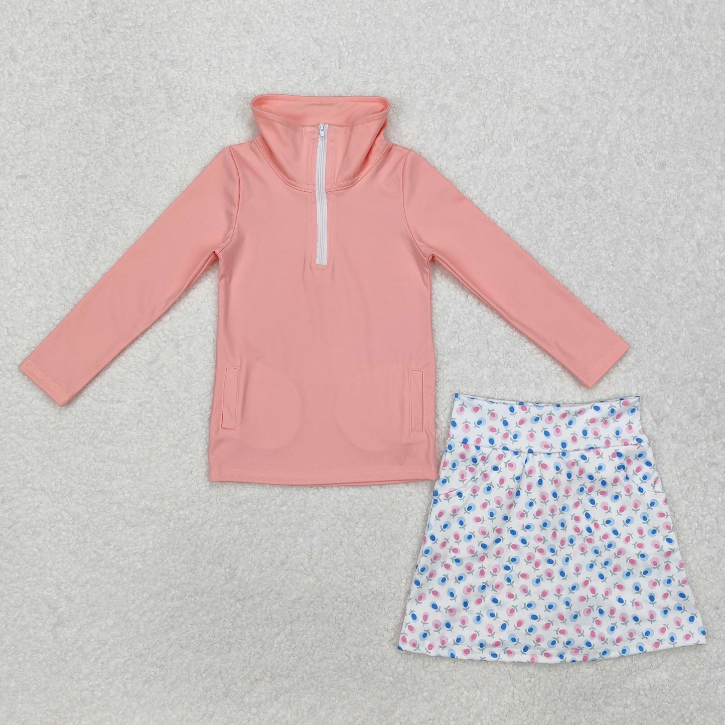GLD0984 Solid Pink Zipper Long Sleeve Flower White Short Skirt Yoga Set