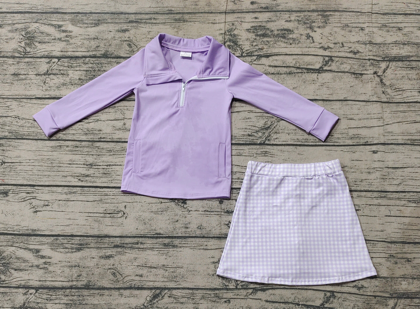 GLD0985 Solid Purple Zipper Long Sleeve Plaid Skirt Yoga Set