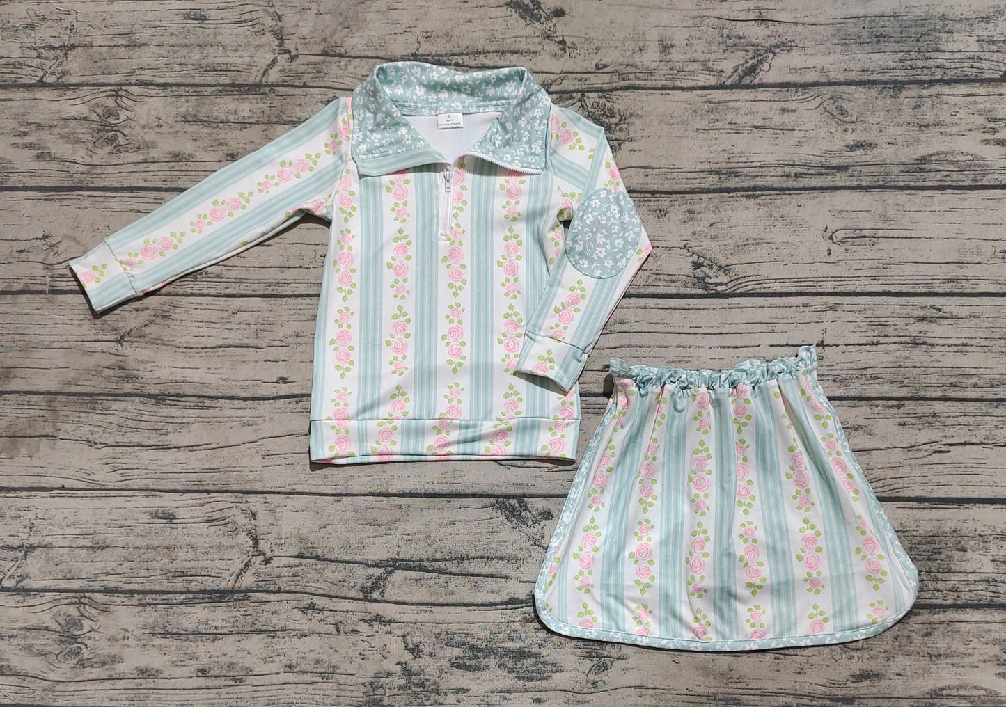 presale GLD1001 Flower and Leaf Green Striped Zipper Long Sleeve Pants Skirt Set D 3.17