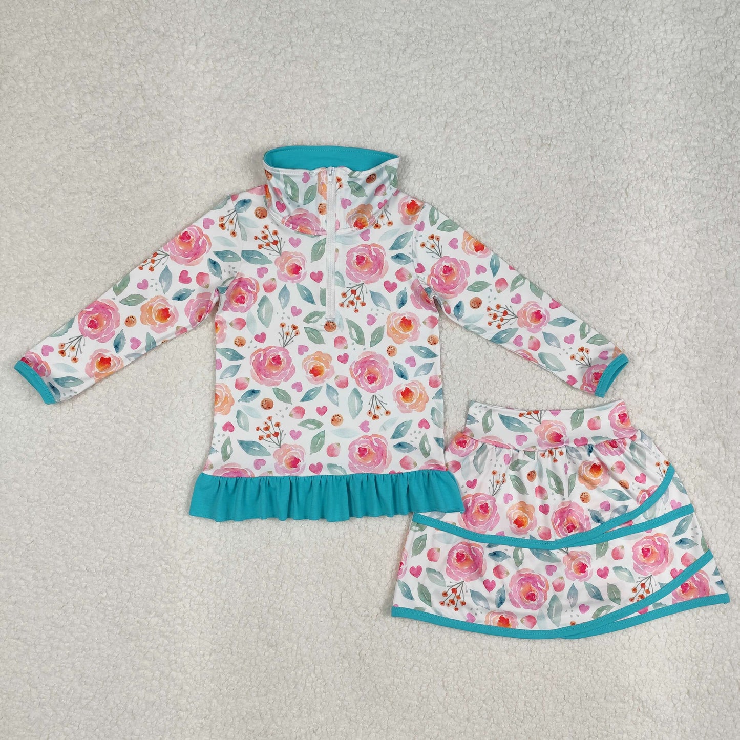 GLD1009 Baby Girls Blue Flowers Jacket Skorts 2pcs Sets D 815