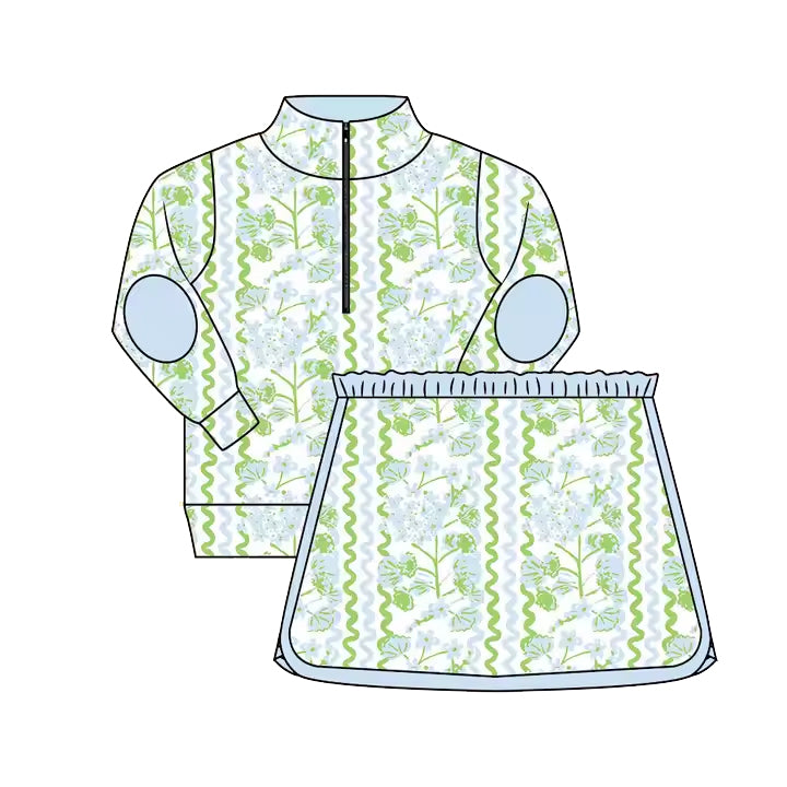 preorder GLD1017 Blue flower green wave line zipper long sleeve lace skirt suit D 3.12
